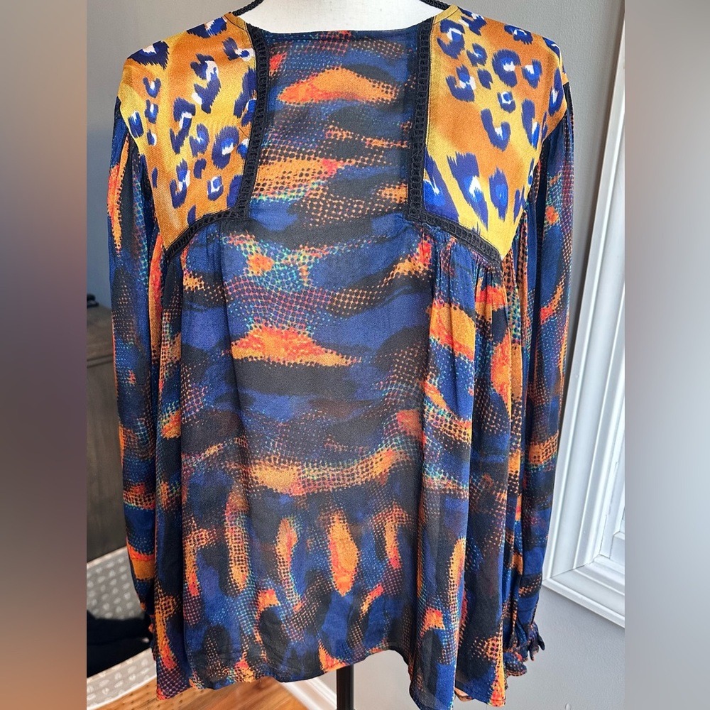 Anthropologie Blank London Eclectic Leopard Peasant Blouse Blue Orange Medium - Picture 4 of 12